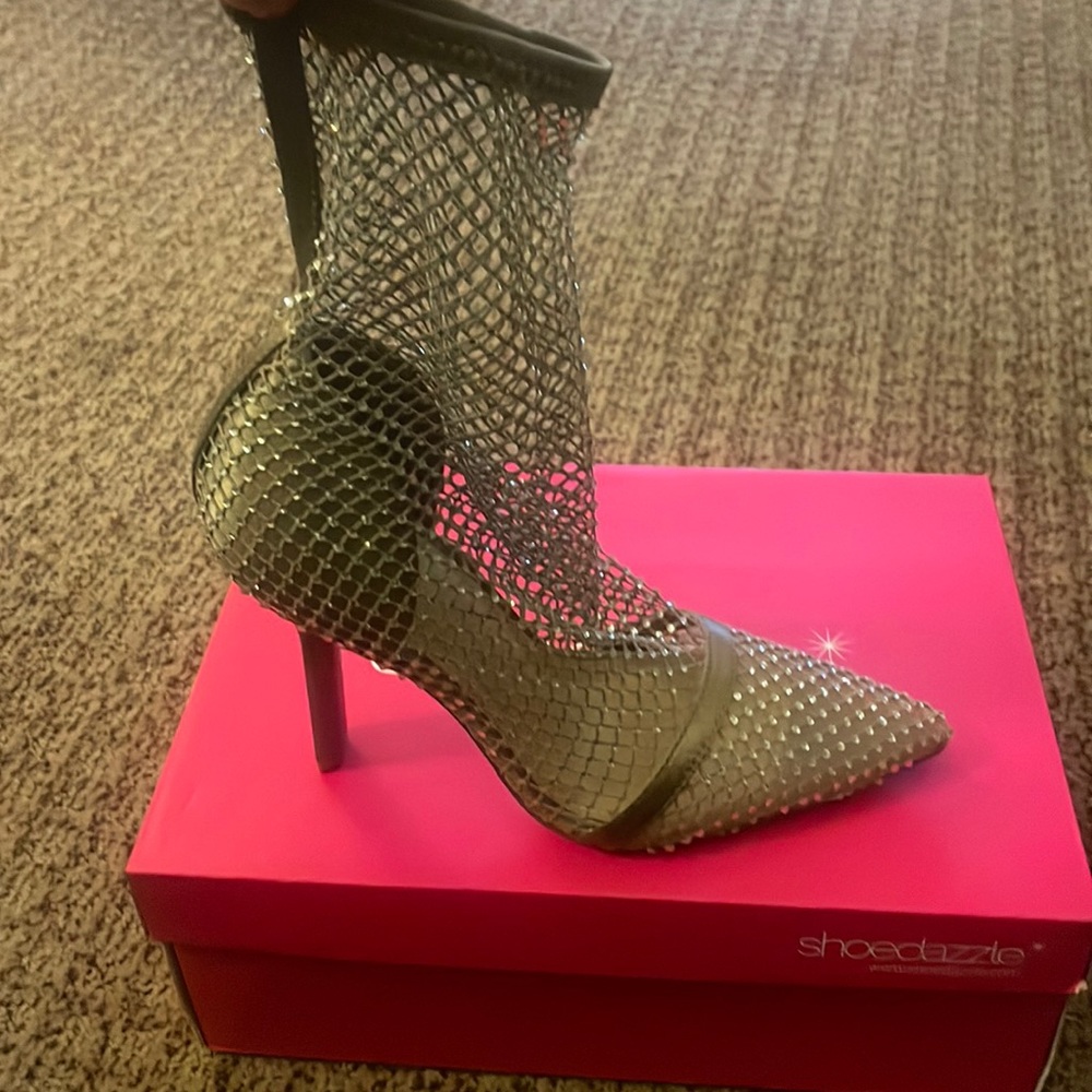 Shoe Dazzle champagne, fish net, bootie heels.